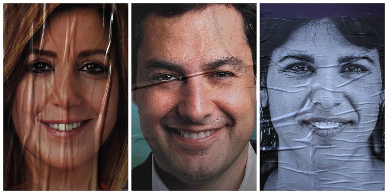 A combination photo shows the election campaign posters of the main candidates for the Andalusia region's elections, Diaz, Moreno Bonilla and Rodriguez, photographed on a wall in Ronda