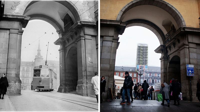 Tranvía de la línea 31, Plaza Mayor-Carabanchel Bajo en 1954 y foto actual de la misma zona (Madrid)