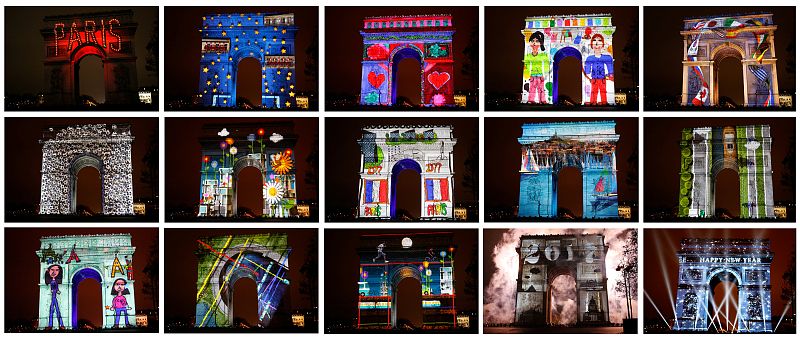 Combo de la proyección de imágenes en el parisino Arco del Triunfo para celebrar la llegada de 2017