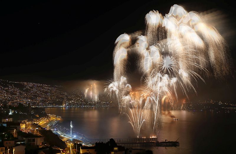 Fireworks explode during a pyrotechnic show to celebrate the new year in the coastal city of Valparaiso.