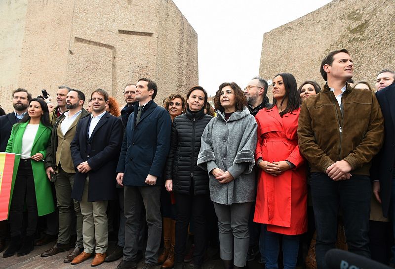 El presidente de VOX, Santiago Abascal, el líder del PP, Pablo Casado, y el líder de Ciudadanos, Albert Rivera, han posado junto a otras personalidades asistentes a la concentración en la plaza de Colón de Madrid