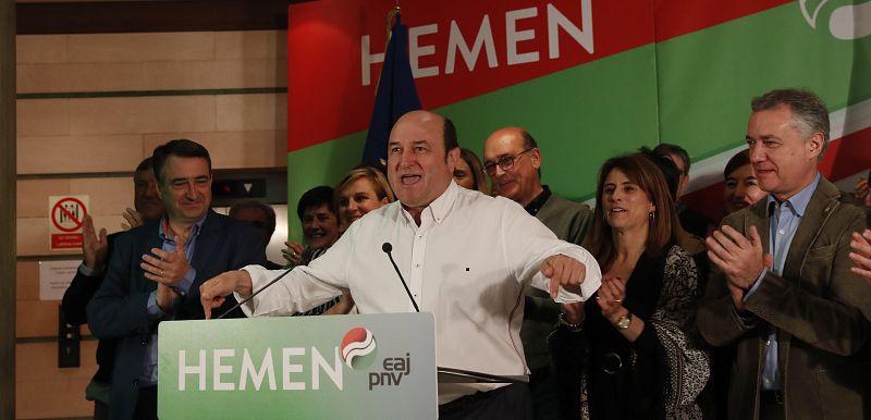 El presidente del PNV, Andoni Ortuzar, el lehendakari, Iñigo Urkullu, y el candidato Aitor Esteba, junto con militantes, candidatos y miembros de la ejecutiva del partido.