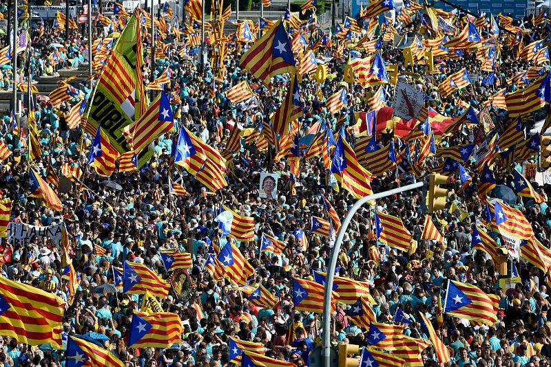 Miles de manifestantes ondean esteladas durante la manifestación de la Diada, a la que habrían acudido 600.000 personas, según la Guardia Urbana. 
