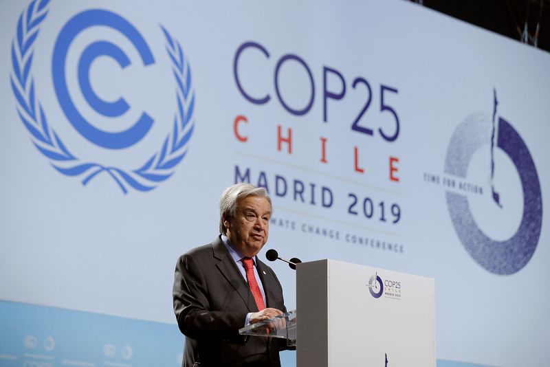 GRAF1346. MADRID, 02/12/2019.- El secretario general de la ONU, Antonio Guterres, durante su intervención en la ceremonia de apertura de la 25 Conferencia de las Partes del Convenio Marco de Naciones Unidas sobre Cambio Climático (COP).