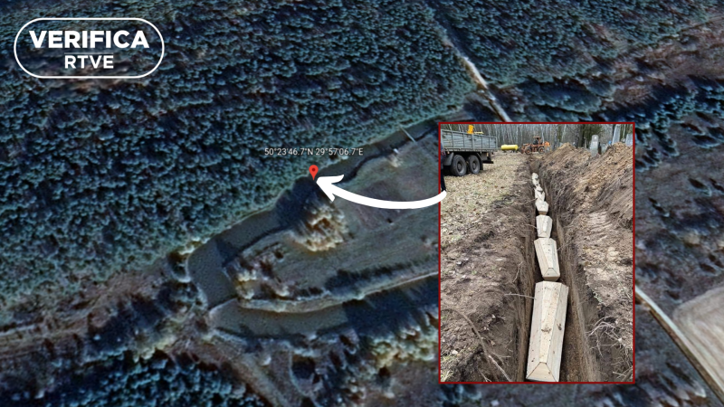 Chernihiv. Geolocalización del enterramiento. Imagen: Google Earth, Oleksandra Matviichuk, con el sello VerificaRTVE en blanco