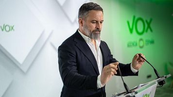 El presidente de VOX, Santiago Abascal, durante una rueda de prensa