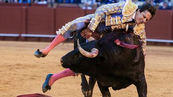 Momento en el que un toro coge a Roca Rey en la plaza de la Maestranza de Sevilla