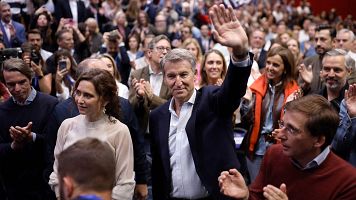 El l�der del Partido Popular, Alberto N��ez Feij�o junto a la presidenta de la Comunidad, Isabel D�az Ayuso y al alcalde de Madrid, Jos� Luis Mart�nez-Almeida