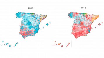 Evolucin del voto mayoritario en los municipios de Espaa de 2016 a 2019