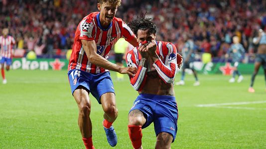 Gimnez celebra el gol de la victoria para el Atltico ante el Leipzig