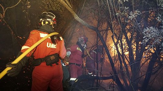 Efectivos de la UME trabajan en el incendio de Mntrida