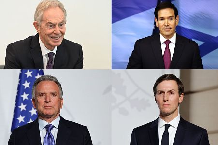 Fotograf�as de archivo donde se observa al ex primer ministro brit�nico Tony Blair, el secretario de Estado de los Estados Unidos, Marco Rubio, el emisario de la Casa Blanca, Steve Witkoff, y el yerno del presidente, Donald Trump, Jared Kushner.