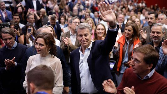 El l�der del Partido Popular, Alberto N��ez Feij�o junto a la presidenta de la Comunidad, Isabel D�az Ayuso y al alcalde de Madrid, Jos� Luis Mart�nez-Almeida