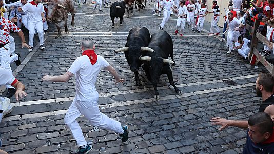 Imagen del sptimo encierro de los sanfermines con toros de la ganadera de Victoriano del Ro