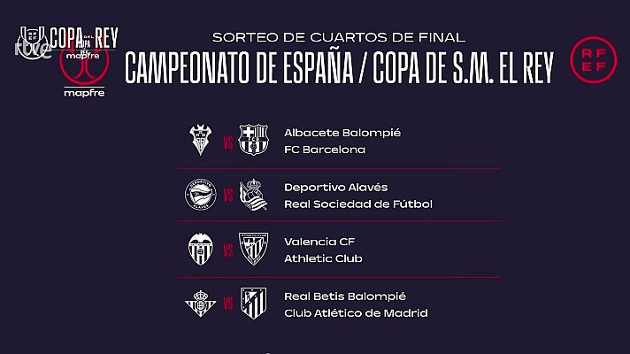 Albacete-Bar�a, Alav�s-Real Sociedad, Valencia-Athletic y Betis-Atl�tico; emparejamientos de cuartos de final de la Copa