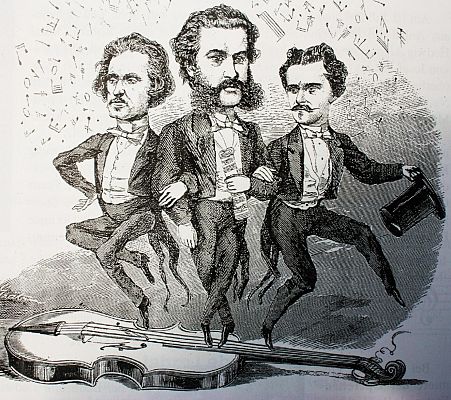 Johann, el patriarca de la dinasta Strauss, junto a dos de sus hijos, Josef y Eduard, en una caricatura de la poca