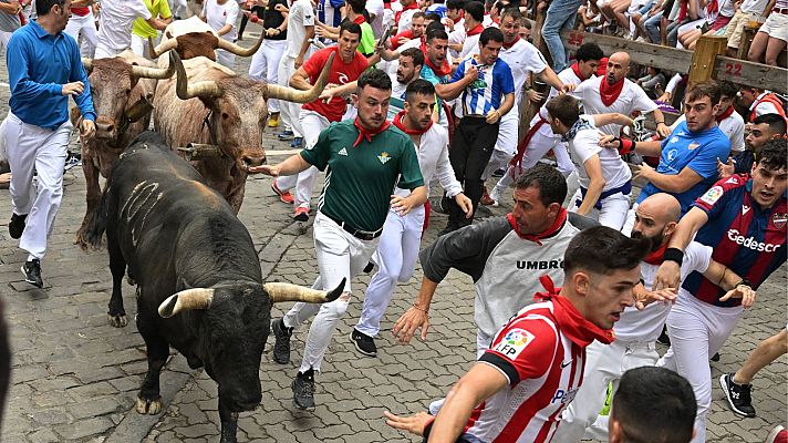 Quinto encierro veloz y limpio de San Fermn 2023 con toros de Nez del Cuvillo