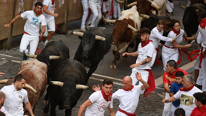 Los participantes corren delante de los toros durante el  encierro  de las fiestas de San Fermn en Pamplona