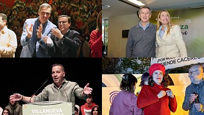 El candidato de PSOE, Miguel ngel Gallardo, junto a Pedro Snchez; la candidata del PP, Mara Guardiola, junto a Alberto Nez Feijo; el candidato de Vox, scar Fernndez, y la candidata de Unidas por Extremadura, Irene de Miguel, en actos de campaa.