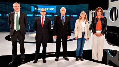 Los cabezas de lista espaoles a las elecciones europeas  de izquierda de derecha, Luis Garicano, de Ciudadanos; Jorge BUxad, de Vox, Josep Borrell, del PSOE; Mara Eugenia Rodrguez Palop, de Unidas Podemos, y Dolors Montserrat, del PP