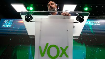 El lder de VOX Santiago Abascal comparece ante la prensa para comentar los resultados electorales, este domingo en Madrid