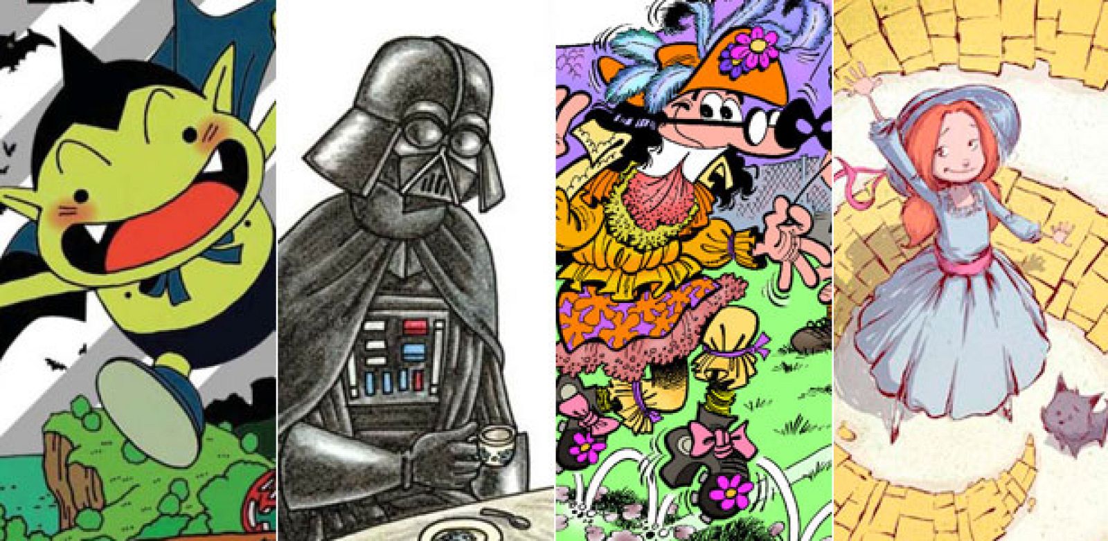 Fragmentos de ilustraciones de 'Cowa!' (Planeta DeAgostini), 'Darth Vader y su princesita' (Planeta DeAgostini), 'Mortadelo y Filemón: Mundial 2014' (Ediciones B) y 'Camino a Oz' (Panini) Fragmentos de ilustraciones de 'Cowa!' (Planeta DeAgostini), 'Darth Vader y su princesita' (Planeta DeAgostini), 'Mortadelo y Filemón: Mundial 2014' (Ediciones B) y 'Camino a Oz' (Panini)