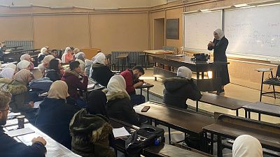 Interior of a classroom at Damascus⁤ University during an English philology class