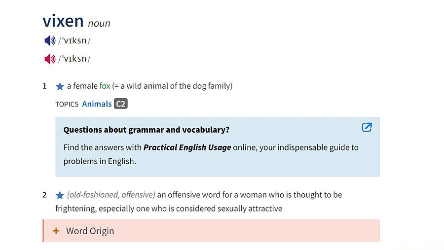 Definición del término "vixen" en el diccionario de Oxford