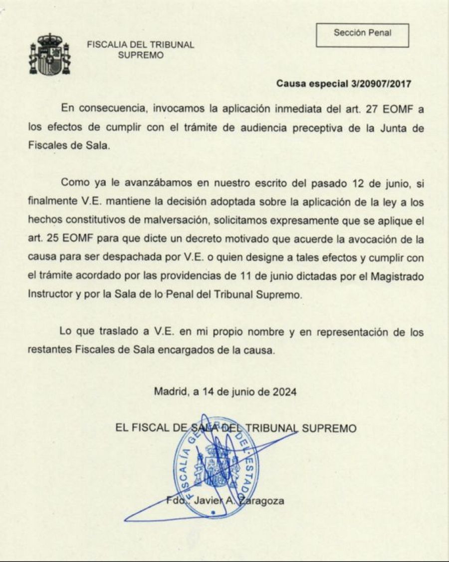 Resposta dels fiscals del 'procés' a l'ordre donada pel fiscal general de l'Estat