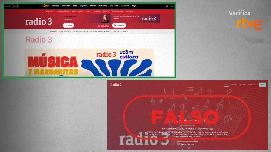 Comparativa página web oficial de Radio 3 junto al sitio web que suplanta a esta emisora de RNE