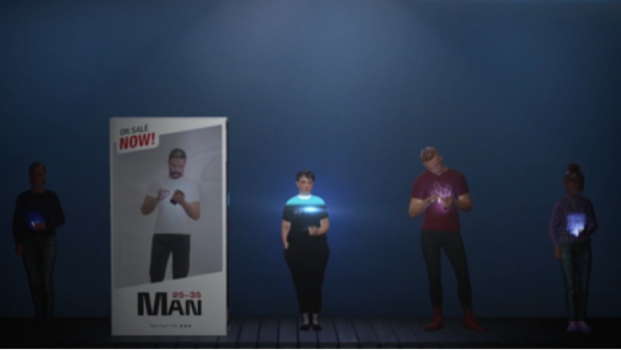 Personas interactúan con sus móviles en un fotograma de 'La trampa del clic', junto a un cartel que anuncia "Man 00-30 Man".