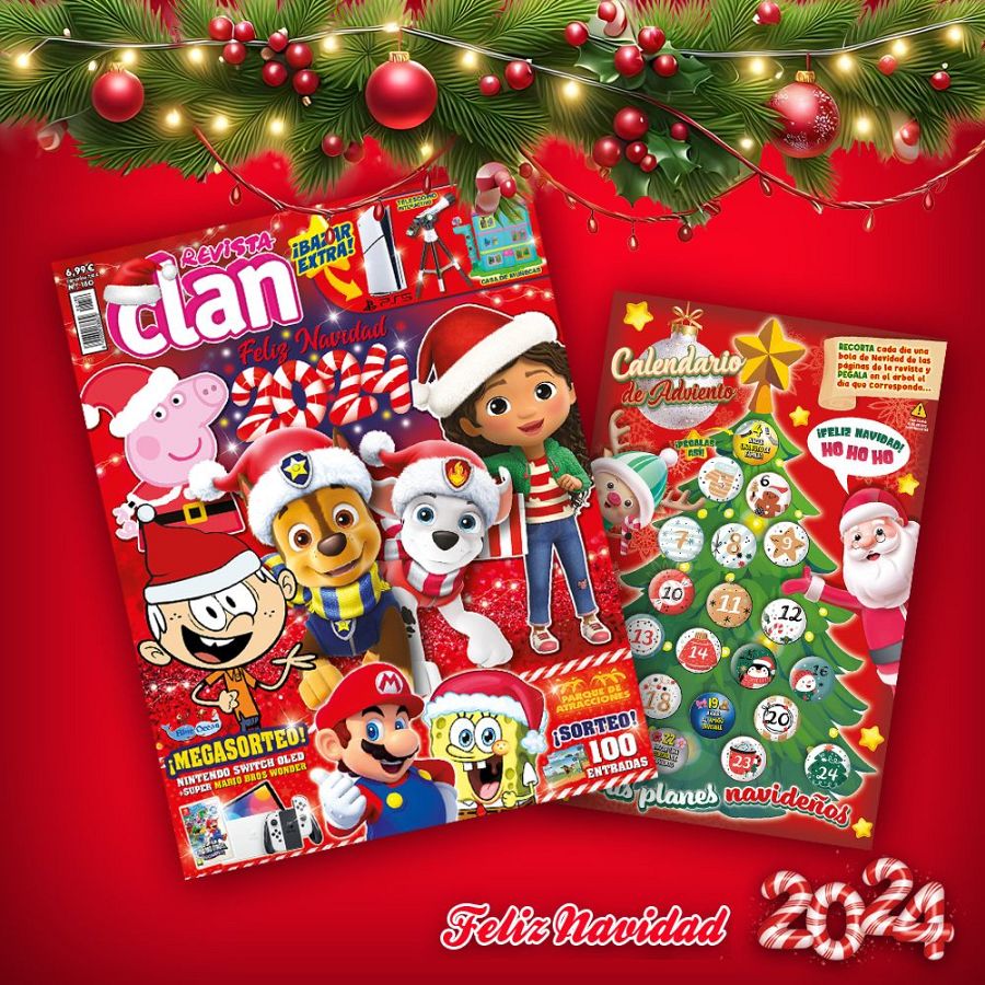 Portada navideña de la Revista Clan con calendario de adviento, personajes como Peppa Pig y la Patrulla Canina, y sorteo de Nintendo Switch OLED.