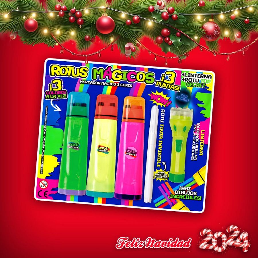Regalo de la Revista Clan de diciembre de 2024: rotuladores mágicos de tres colores, linterna y rotulador de tinta invisible.