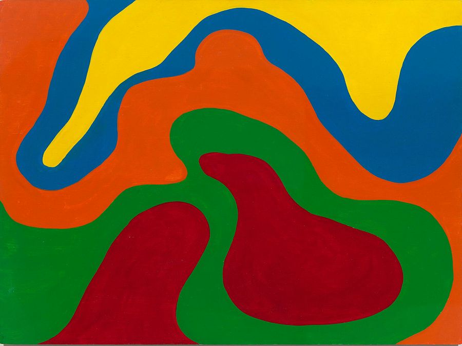 Obra abstracta "Lágrimas" de Mari Chordà (1966-1967). Colores vibrantes (amarillo, azul, naranja, verde, rojo) en formas orgánicas.