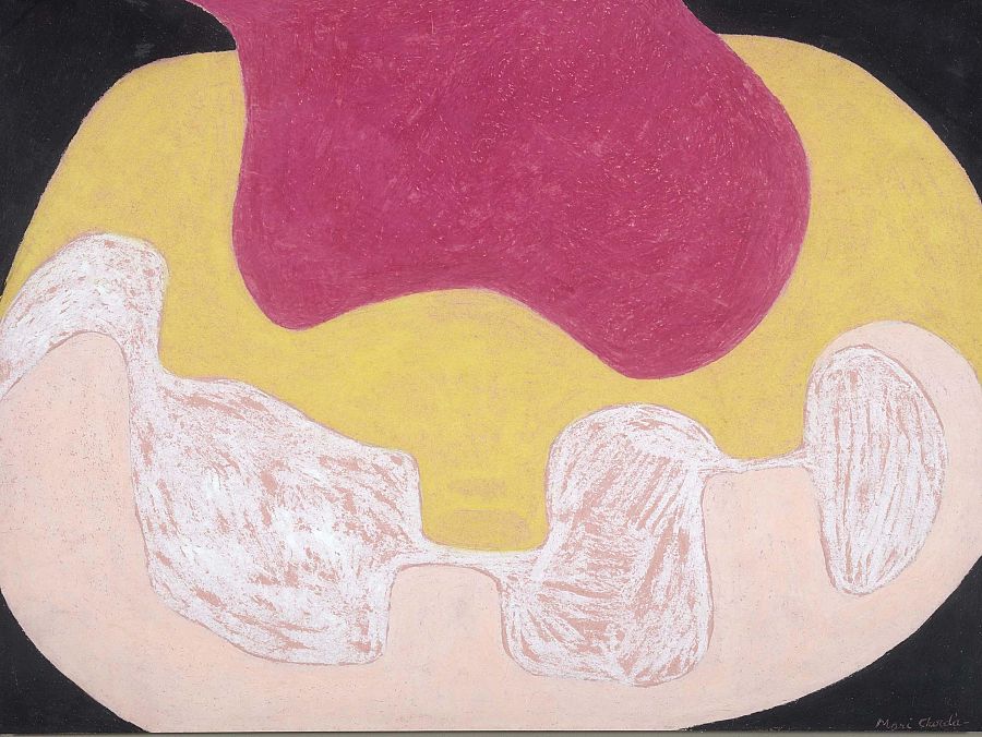 Obra abstracta de Mari Chordà, "Vagina" (1966), con formas orgánicas y colores planos (rosa, amarillo, piel, negro).