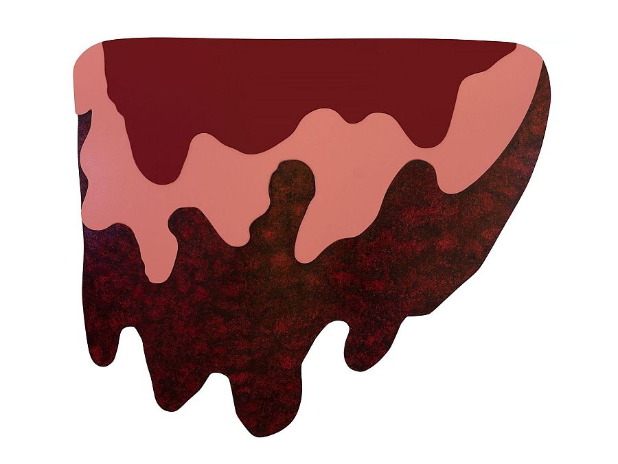 Pintura abstracta "Dissoldre" de Mari Chordà. Capas de granate oscuro y rosa salmón con formas onduladas que sugieren disolución.