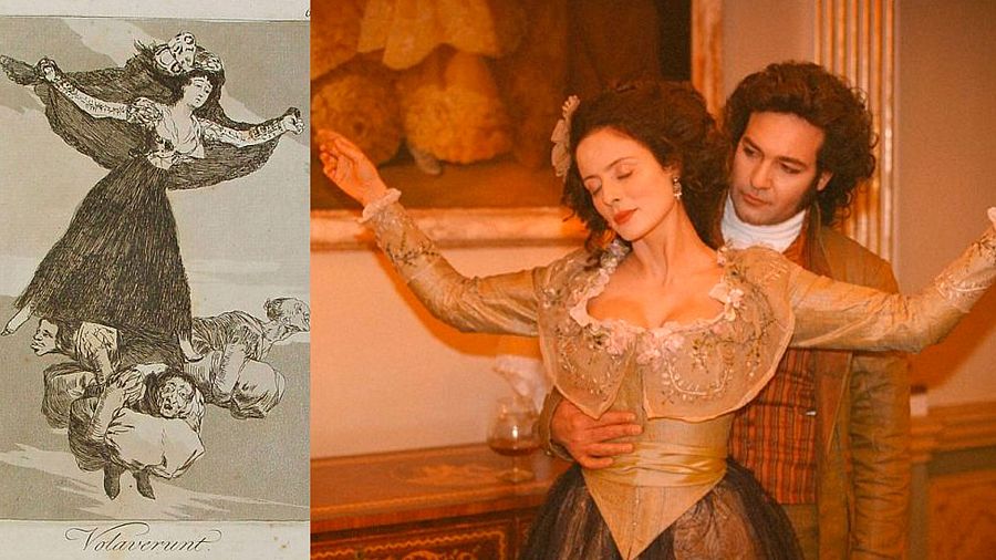 Grabado y foto de la película "Volavérunt" mostrando a una mujer en pose de levitación; Aitana Sánchez-Gijón como la Duquesa de Alba, sostenida por Jorge Perugorría.