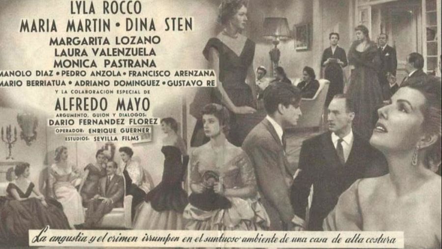 Actores de "Alta Costura" en una lujosa casa de alta costura.  Ambiente elegante que contrasta con la trama de crimen.