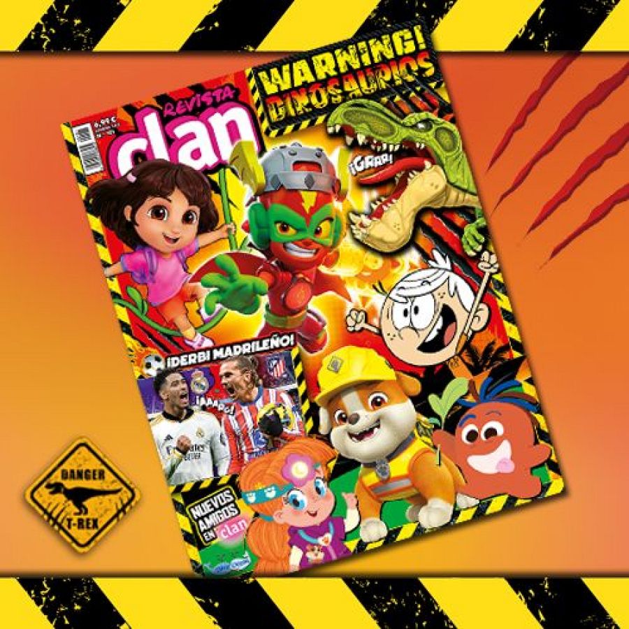 Portada revista Clan (enero 2025):  Personajes infantiles, dinosaurios, aviso "WARNING! DINOSAURIOS", partido de fútbol y  'NUEVOS AMIGOS EN Clan'. Precio: 9,95€.