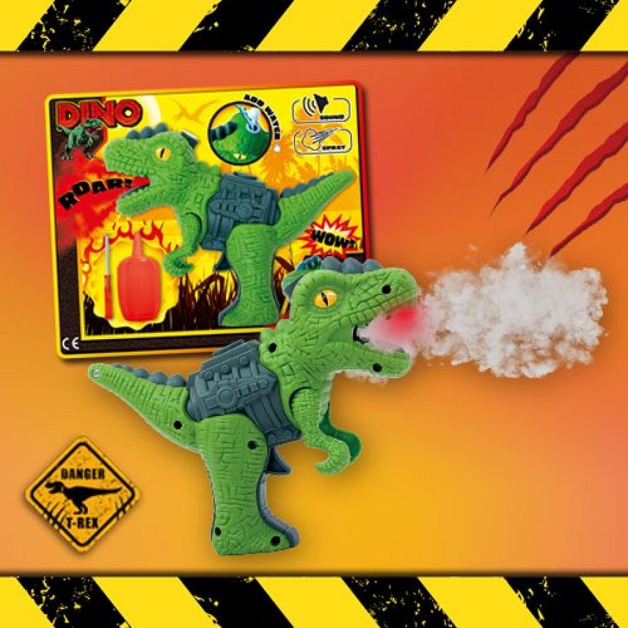 Dinosaurio verde de juguete que lanza agua, con instrucciones (añadir agua, sonido, rociar) y advertencia de peligro.  Incluye un destornillador y una botella.