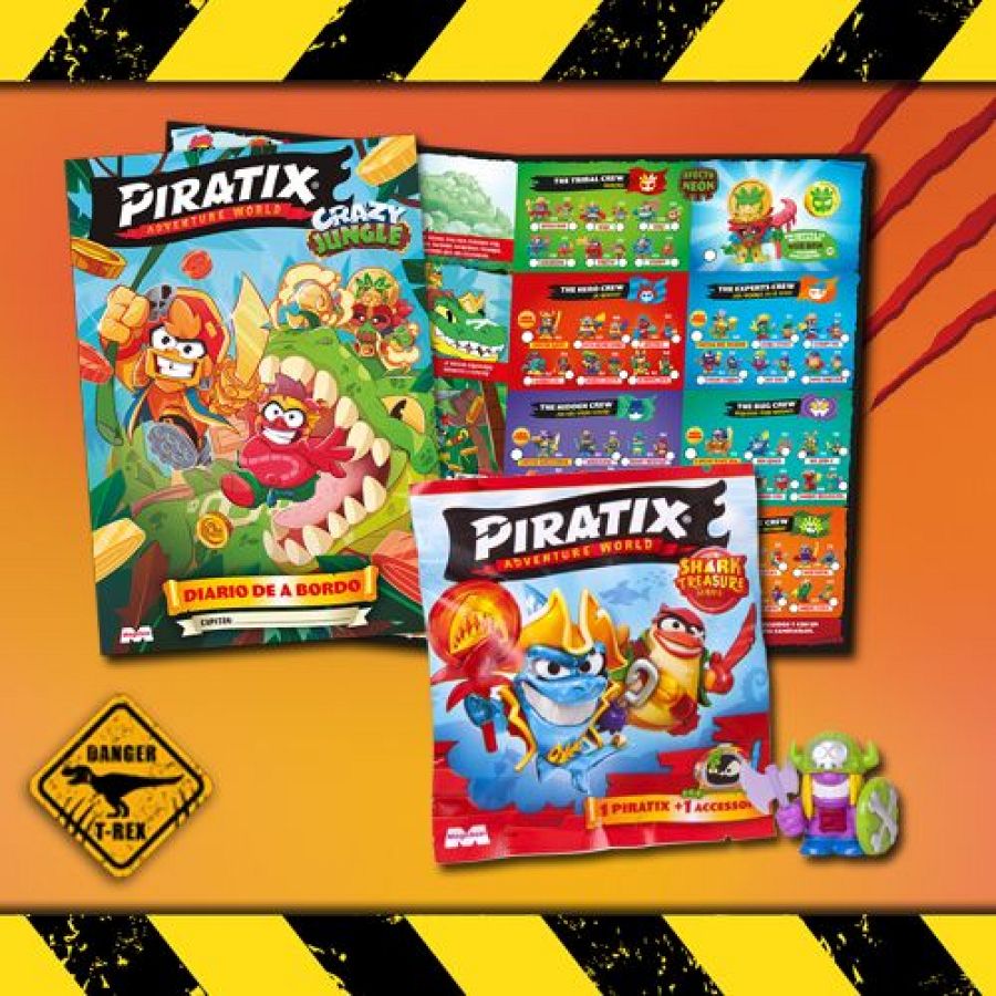 Promoción de figuras Piratix regaladas con la revista Clan en enero de 2025. Incluye cómic "Piratix Adventure World Crazy Jungle", catálogo con figuras coleccionables y bolsita con figura morada y accesorio.