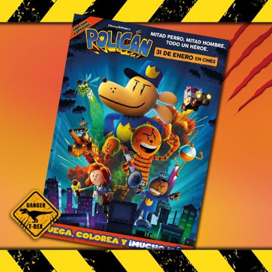 Portada de revista con Policán, mitad perro mitad hombre, una niña pelirroja, un gato y otro personaje con gorra azul.  Anuncia estreno en cines y actividades infantiles.