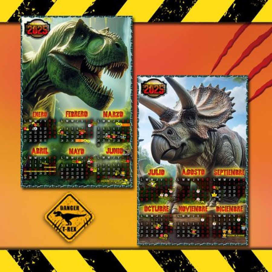Calendarios 2025 con ilustraciones de Tiranosaurio Rex y Triceratops,  señales de peligro y diseño con borde de valla amarilla y negra.  Meses enero-diciembre.
