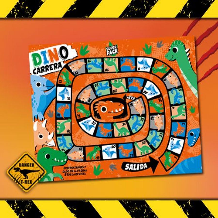 Tablero de juego Dino Carrera con recorrido espiral (1-44), casillas con dinosaurios, zona de meta y salida, y recuadro Danger. Instrucciones en página 51.