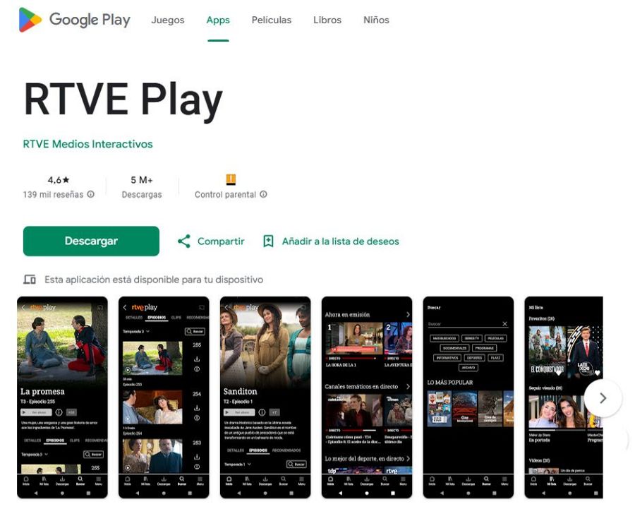 Página de Google Play de la app RTVE Play: 4.6 estrellas, más de 5 millones de descargas.  Botones de descarga, compartición y lista de deseos. Capturas muestran series y canales en directo.