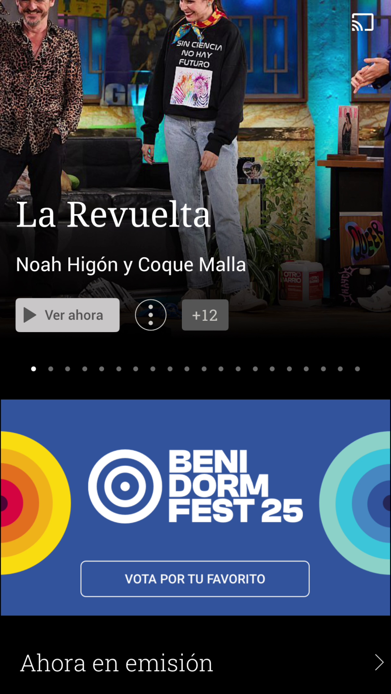 RTVE Play muestra "La Revuelta" en emisión, con Noah Higón (sudadera con lema científico) y Coque Malla.  Promoción del Benidorm Fest 2025 con opción a votar.