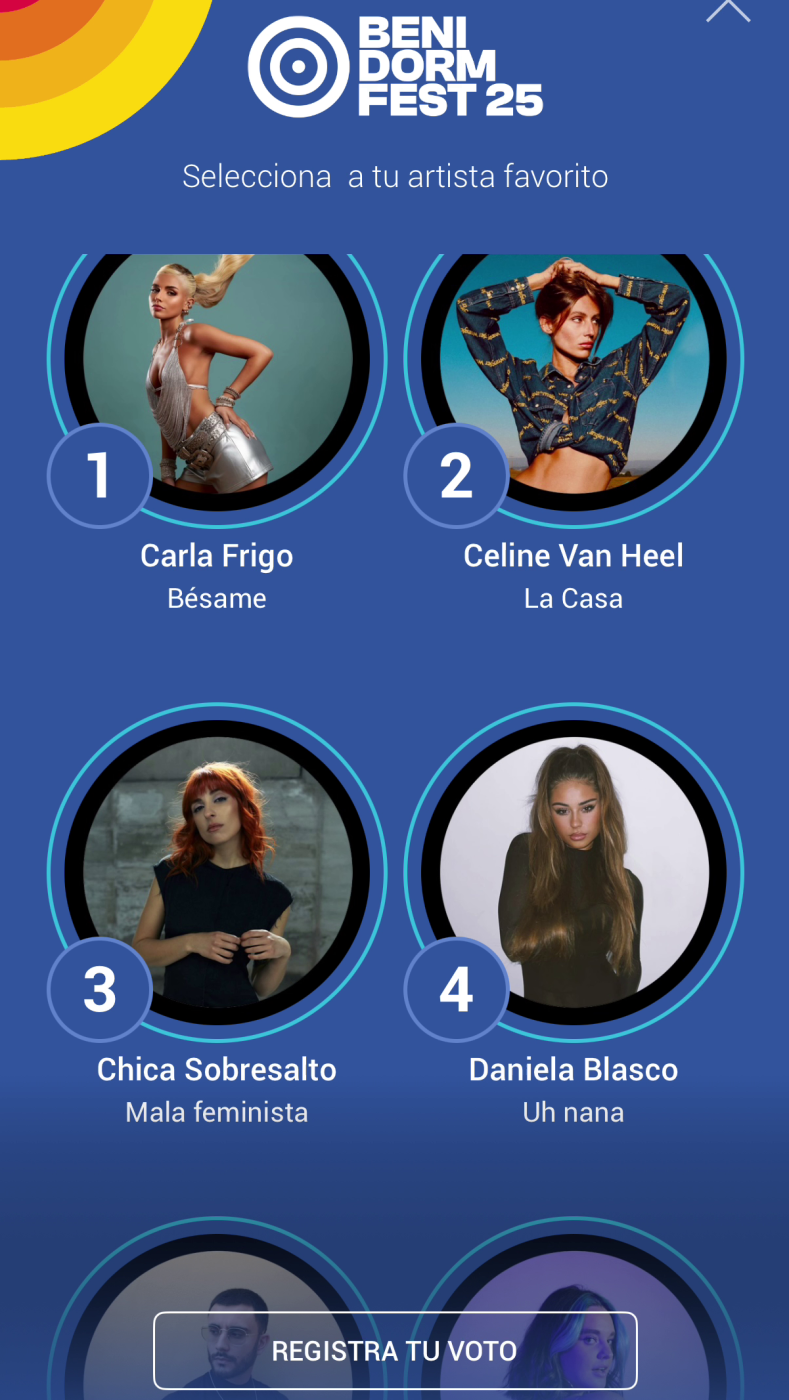 Interfaz de votación del Benidorm Fest 2025 mostrando cuatro artistas con sus fotos, números, nombres y canciones. Botón 'REGISTRA TU VOTO'.