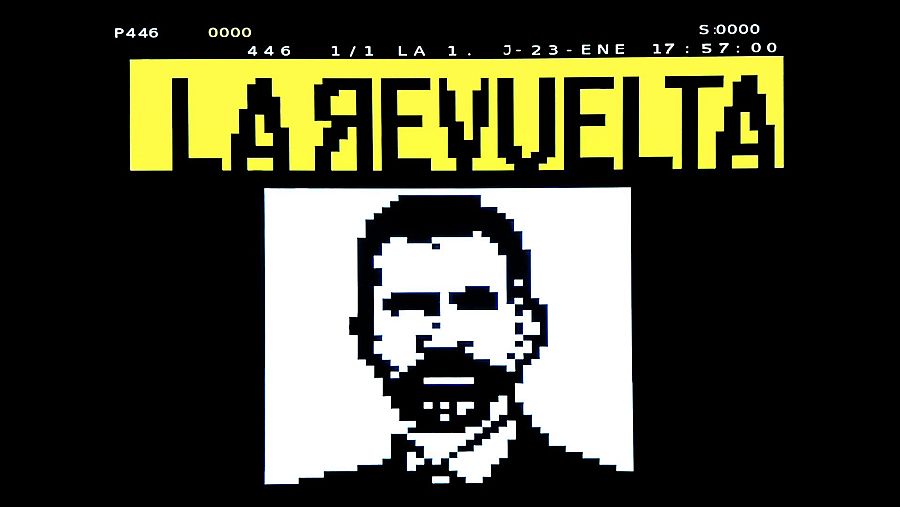 Página 446 del Teletexto de La 1: Retrato pixelado del Rey Felipe VI con el título "LA REVUELTA".  Imagen en blanco y negro, única subpágina.
