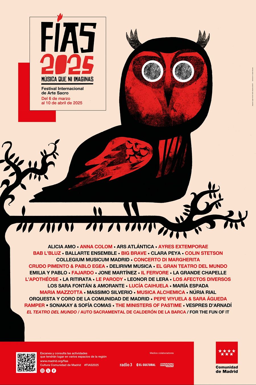 35ª edición del Festival Internacional de Arte Sacro (FIAS) en Madrid del 6 de marzo al 10 de abril de 2025.  Diseño con búho y lema "MÚSICA QUE NI IMAGINAS".