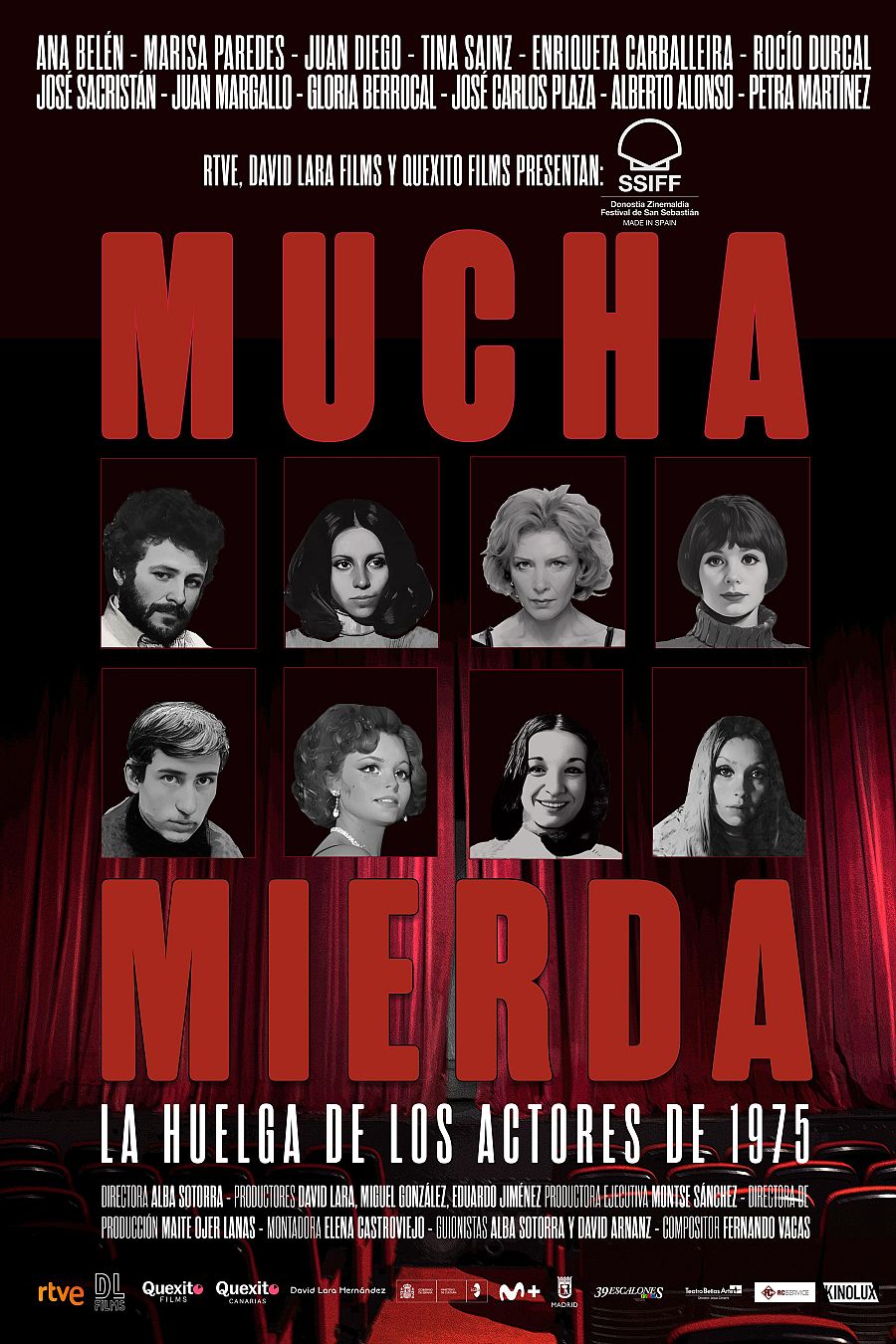 Póster de la película "MUCHA MIERDA" sobre la huelga de actores de 1975.  Incluye fotos de actores como José Sacristán, Marisa Paredes y Juan Diego, además de créditos de producción y el logo del Festival de Cine de San Sebastián.